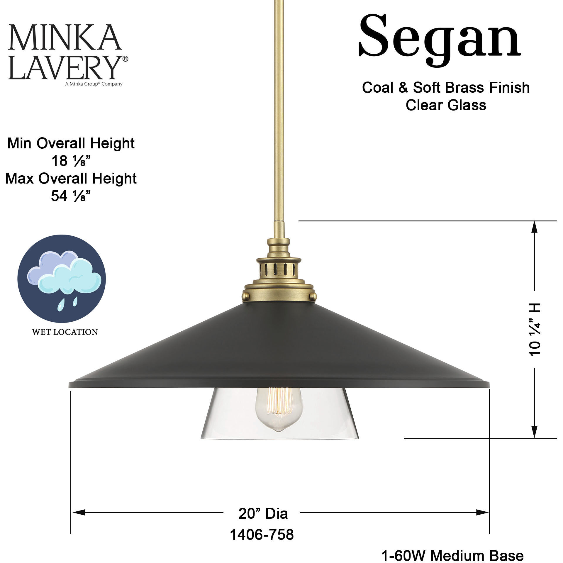 Segan 1 Light 20 inch Coal & Soft Brass (Painted) Pendant Ceiling Light, Outdoor